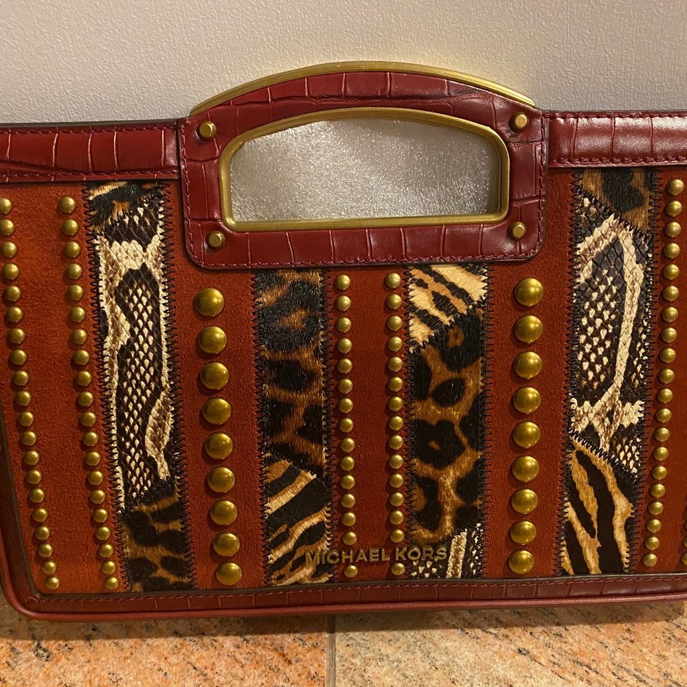 NWT Michael Kors Berkley Legacy Brandy Multi LG Clutch Bag - Animal Print